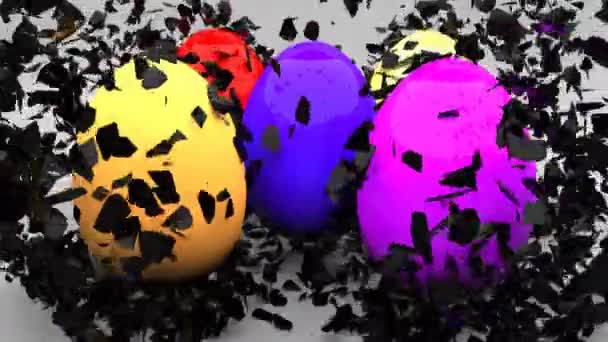 Pisanki z czarnymi skorupkami eksplodują i tworzą kolorowe jaja — Wideo stockowe