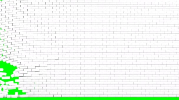 White brick wall destruction collapsing on green background — Stock Video