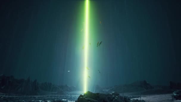 Regennacht Sci-fi landschap buitenaardse planeet neon laser school van vissen — Stockvideo