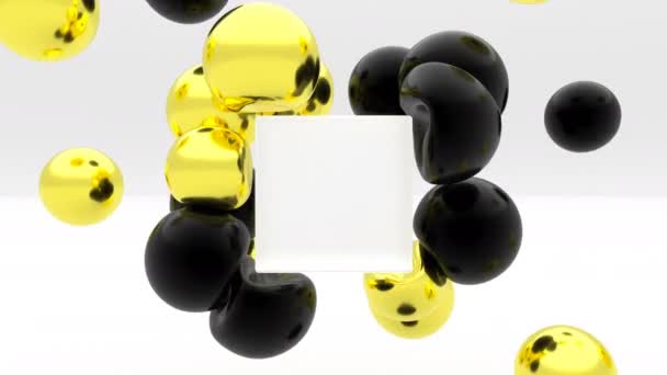 Soft body physics gold black elastic sphere collider on glass box empty mockup scene — Stock Video
