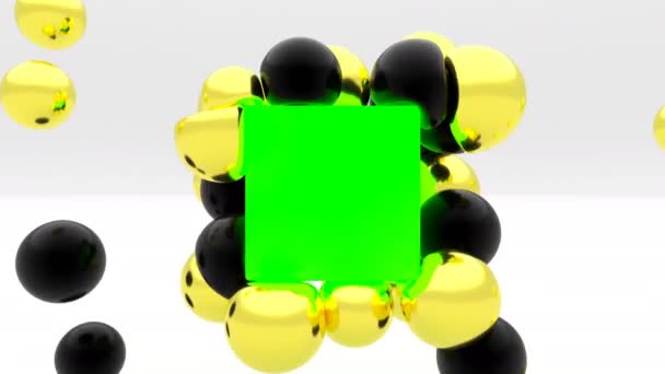 Guld svart mjuk kropp sfär kolliderar på grön låda 3d snygg minimalistisk täcka film — Stockvideo