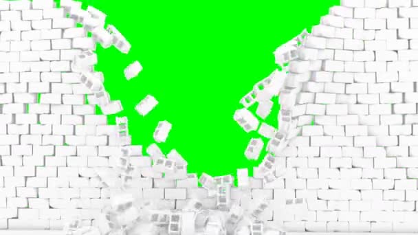 Wall destroy in 3d style on green background Crash stone brick demolition concept — Stock Video