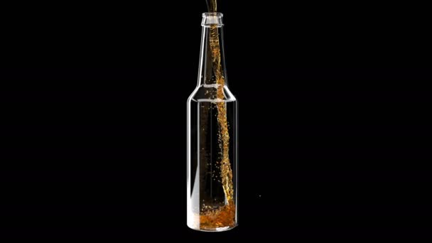 Alcohol liquid beer pours into glass bottle on black — Stok video