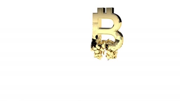 Explosion av gyllene bitcoin tecken på vit bakgrund Crypto valuta gruvdrift — Stockvideo