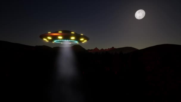 Fantazie UFO a Měsíc světlo Budoucí technologie Létající vesmírná loď Noční hvězdy — Stock video
