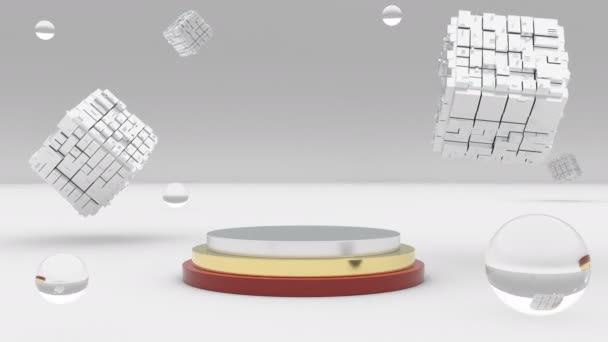 Empty podium mockup glass spheres and boxes 3d style able to seamless — стоковое видео