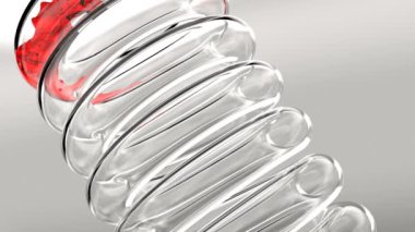 Kırmızı sıvı cam tüp içinde fütüristik veri laboratuvarında tıp bilimi ve geleceğin laboratuarında akıyor.