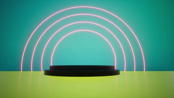 Moderna podium interiör reklam regnbåge neon cirklar — Stockvideo