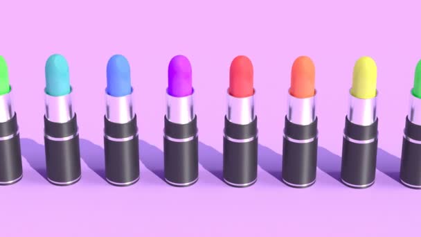 Barva set rtěnka v krásném stylu na růžovém pozadí Kosmetické výrobky schopné smyčky bezešvé — Stock video