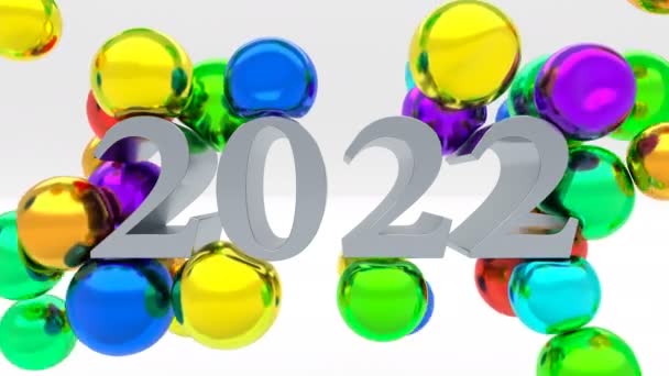2022 νέο έτος σε 3d στυλ μαλακό χρώμα μεταλλικές μπάλες — Αρχείο Βίντεο