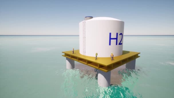 Platforma v oceánu Vodík h2 moře. Systém skladování energie Udržitelná čistá obnovitelná energie — Stock video