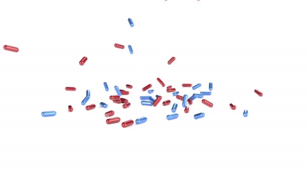 Blå röd piller kapsel faller på vit yta medicinskt koncept — Stockvideo