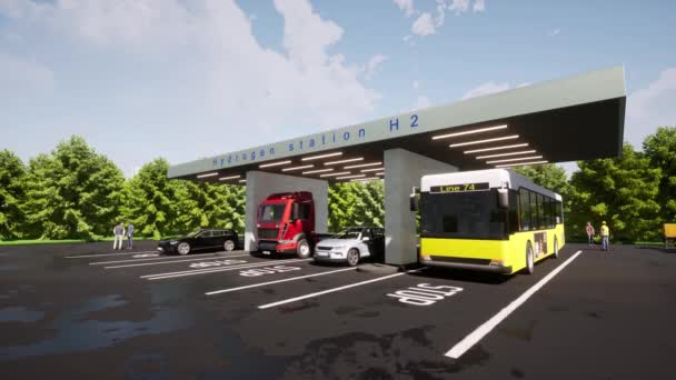 H2 Green hydrogen station Alternative energy concept car truck bus — Stock video