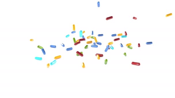 Χάπια χρώματος σε 3d στυλ πτώση σε λευκό Ιατρική επιστήμη — Αρχείο Βίντεο