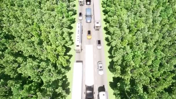 Vista aérea com fila de caminhões Engarrafamento de trânsito da estrada de caminhão — Vídeo de Stock