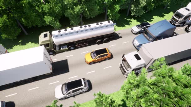 無人機は交通渋滞のトラックの上を円で飛ぶ — ストック動画