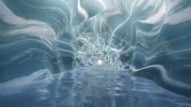 Медленно путешествуя по голубой ледяной пещере на глубоком кудрявом ландшафте — стоковое видео