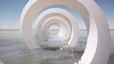 Deniz mavisi sularda modern beyaz spiral tünel koridoru