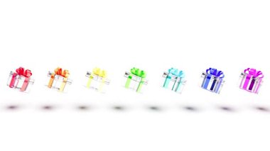 Cam hediye kutuları beyaz bg üzerinde gökkuşağı renkli kurdeleler sonsuz 4k döndürür