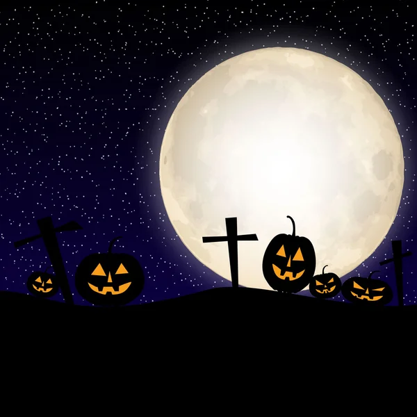 Halloween pumpkin at midnight with a full moon — Stock Vector