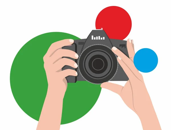 Fotografo Tiene Una Macchina Fotografica Mano Pronto Scattare Una Buona — Vettoriale Stock