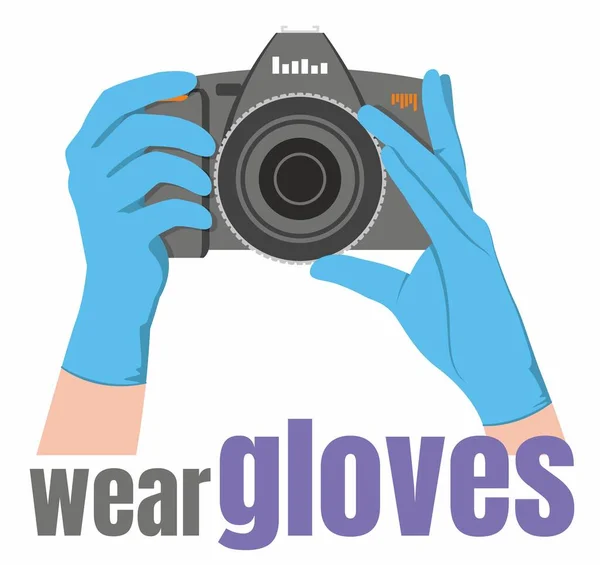 Fotograf Medizinischen Handschuhen Hält Eine Kamera Sichere Dienstleistungen Handschuhe Anziehen — Stockvektor