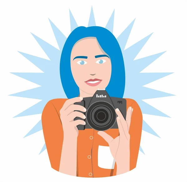 Girl Photographer Cyan Hair Blue Eyes Orange Blouse Holds Black — Stock Vector