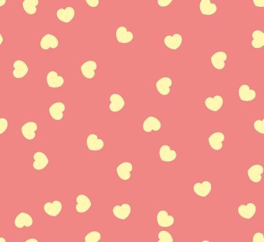 Farklı yönlerdeki kalplerin uçsuz bucaksız düzeni. Pembe üzerine sarı vektör kalpleri. Paket kağıdı için duvar kağıdı. Sevgililer Günü için arkaplan