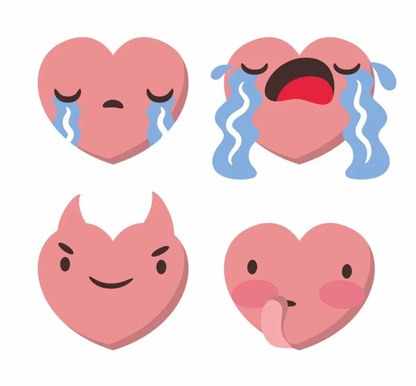 Set Von Vier Herzförmigen Emoticons Vektor Emojis Herzform Mit Unterschiedlichen — Stockvektor