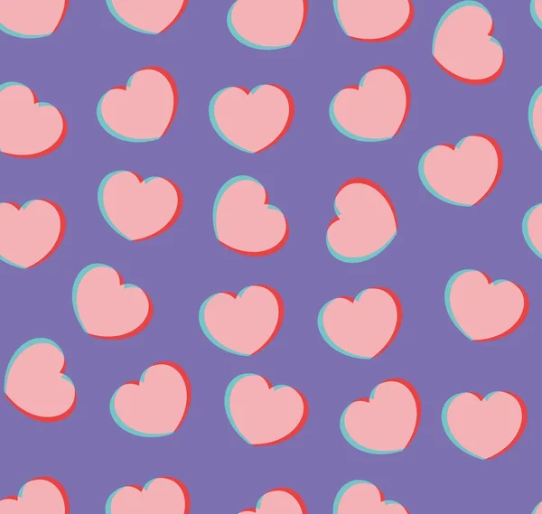 異なる方向の心の無限のシームレスなパターン 紫色の背景にピンクの赤のアナグリフベクトルハート 包装紙の壁紙 バレンタインデーの背景 — ストックベクタ