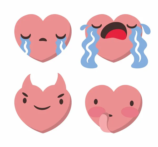 一套四个心形的情感 矢量情绪呈心形 脸上有不同的情绪 在白色背景下隔离的图标 矢量图形