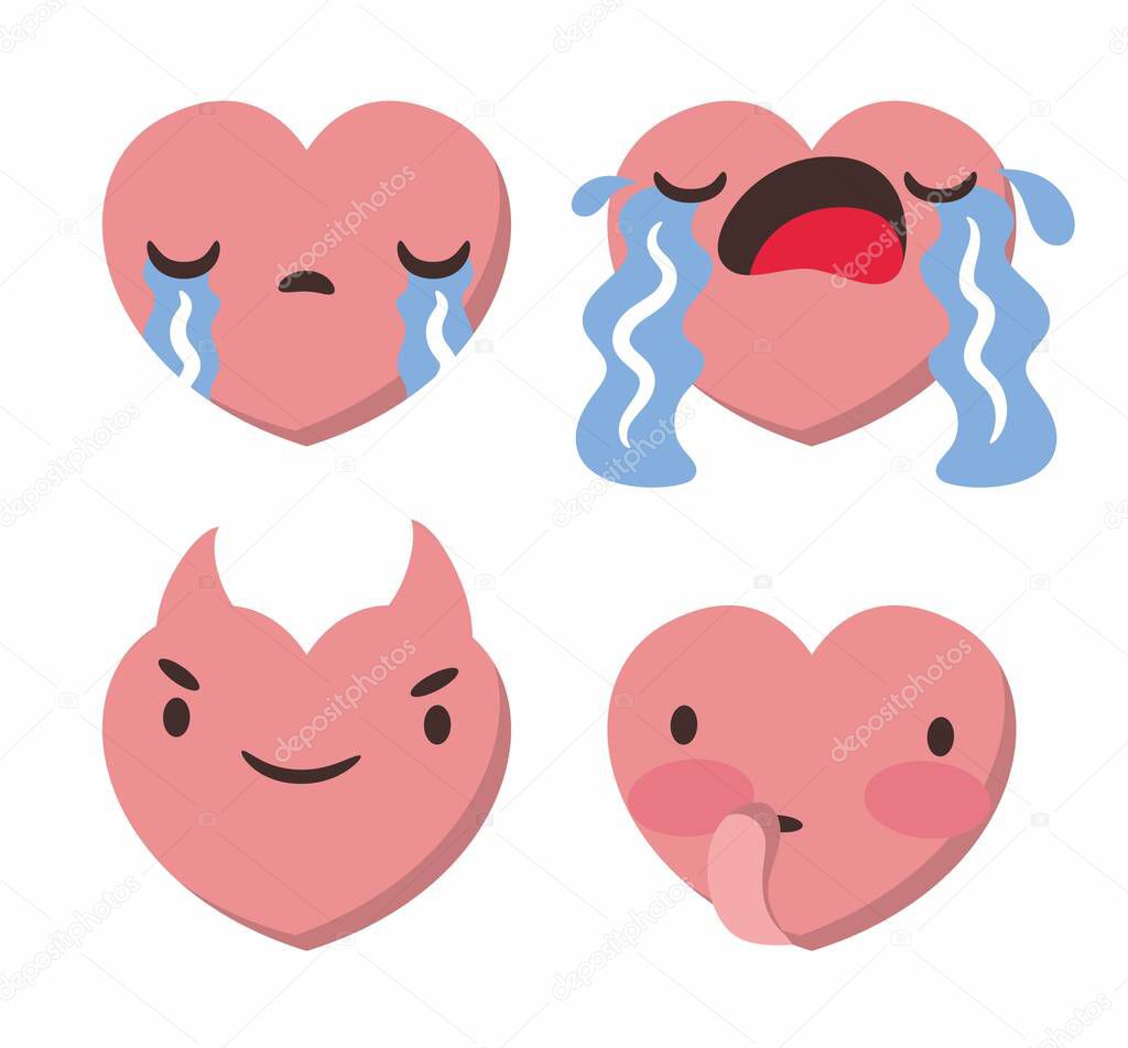 Set of four heart shaped emoticons. Vector emoji heads in the shape of hearts with different emotions on the face. Icons isolated on white background