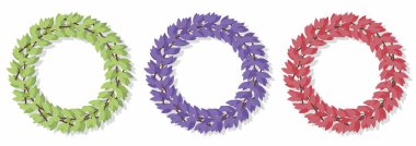 Taze dallardan oluşan üç çelenk bir daire oluşturuyor. Beyaz arka planda izole edilmiş yeşil mor ve kırmızı yaprakların vektör çerçevesi. Ögeleri ve tebrik kartlarını tasarla