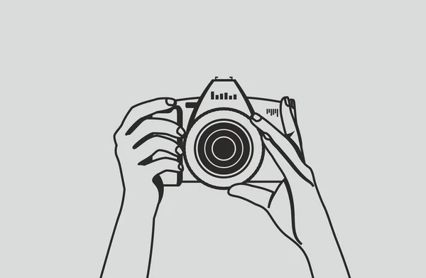 Fotoğrafçı Bir Kamera Tutuyor Fotoğraf Çekmeye Hazırlanıyor Siyah Vektör Elleri — Stok Vektör