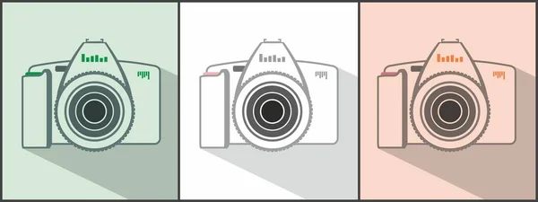 Drei Kameras Verschiedenen Farben Auf Mint Und Pfirsichfarbenem Hintergrund Vektorkontur — Stockvektor