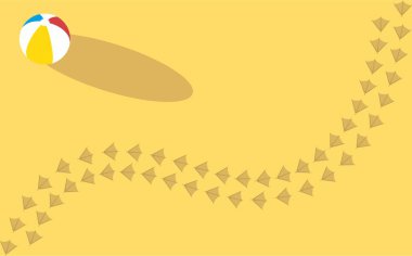 Sahilde martı pençe izleri var. Kumda kuş yüzgeci izleri var. Martı yerde yürüdü. Kumsal topu kumun üzerinde yatıyor ve gölgesi var..