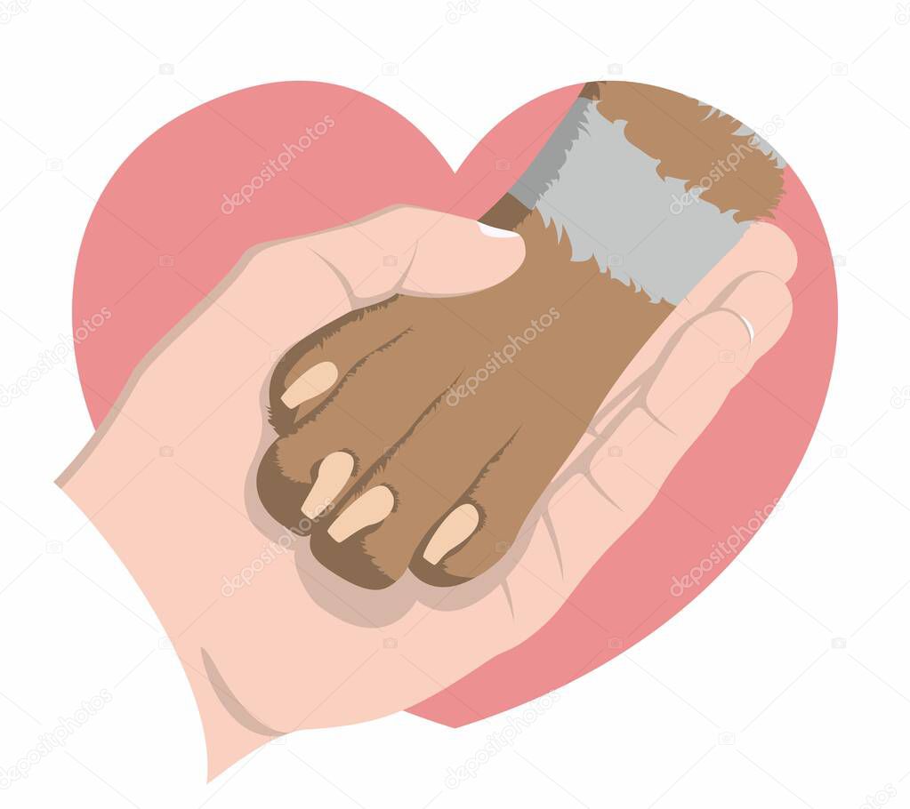 The hand gently holds a striped dog's paw on the background of a pink heart. Symbol of love for dogs. Animal protecting community. Vector flat design.