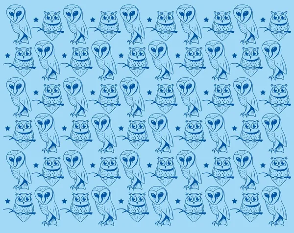 无穷无尽的无缝图案与猫头鹰的矢量图像 绕行鸟的纹理 带森林主题的蓝色育婴室墙纸 — 图库矢量图片