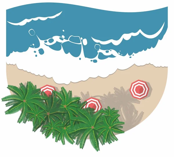 海洋冲浪 水泡冲刷在荒芜的海滩上 海滩伞放在沙滩上 投下了阴影 棕榈树生长在海岸上 病媒夏季海景概览 矢量图形