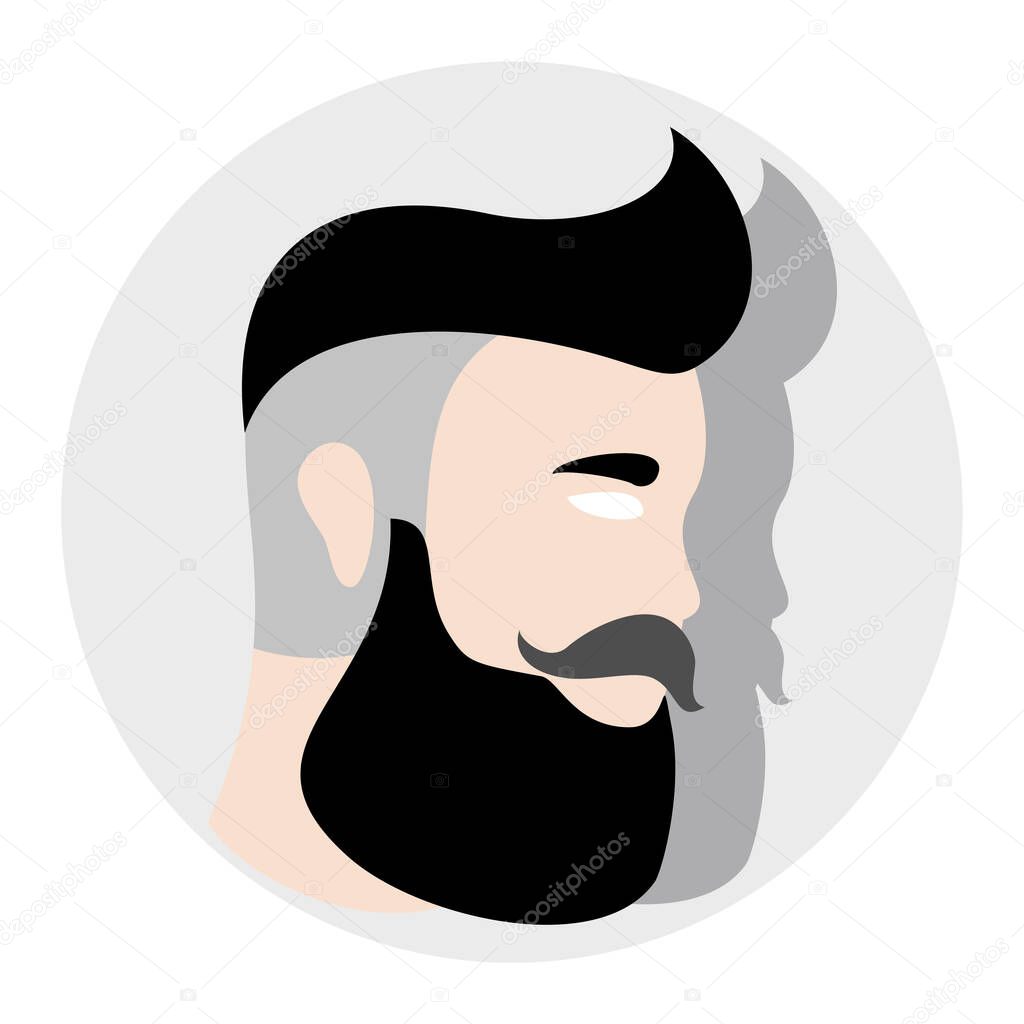 A bearded man with shaved temples. Vector head of hipster, lumberjack, hairdresser in multicolor. Logo for a barbershop. Brutal tattoo