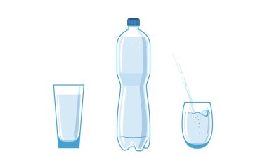 1,5-2 litre, plastik su şişesi. Sıvıyla dolu. Dolu bardaklar yakında. Su bir fincana doldurulur. Ögeler beyaz bir arkaplanda izole edilir