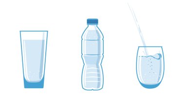 0.5 litre, plastik su şişesi. Sıvıyla dolu. Dolu bardaklar yakında. Su bir fincana doldurulur. Ögeler beyaz bir arkaplanda izole edilir