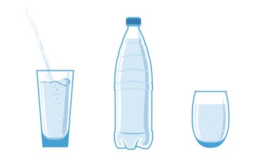 1,5-2 litre, plastik su şişesi. Sıvıyla dolu. Dolu bardaklar yakında. Su bir fincana doldurulur. Ögeler beyaz bir arkaplanda izole edilir