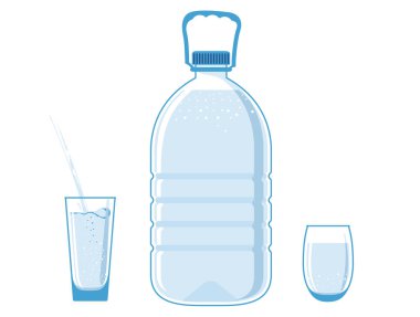 5 litre şişe, plastik su şişesi. Sıvıyla dolu. Dolu bardaklar yakında. Su bir fincana doldurulur. Ögeler beyaz bir arkaplanda izole edilir