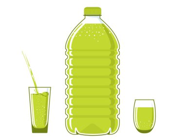 5 litre şişe, plastik su şişesi. Yeşil sıvıyla dolu. Dolu bardaklar yakında. Su bir fincana doldurulur. Ögeler beyaz bir arkaplanda izole edilir