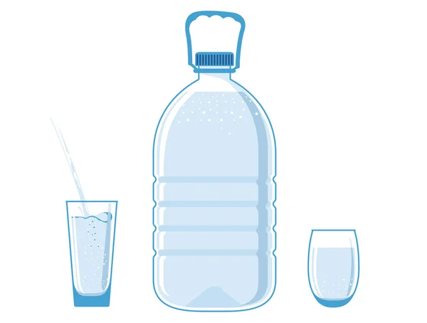 5升瓶子 塑料水瓶 充满了液体 近处放满了眼镜 水倒入一个杯子里 物品在白色背景下被隔离 免版税图库矢量图片