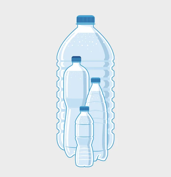 装满水的各种尺寸的塑料瓶 内装液体的透明容器 不同形状的矢量容器 图库矢量图片