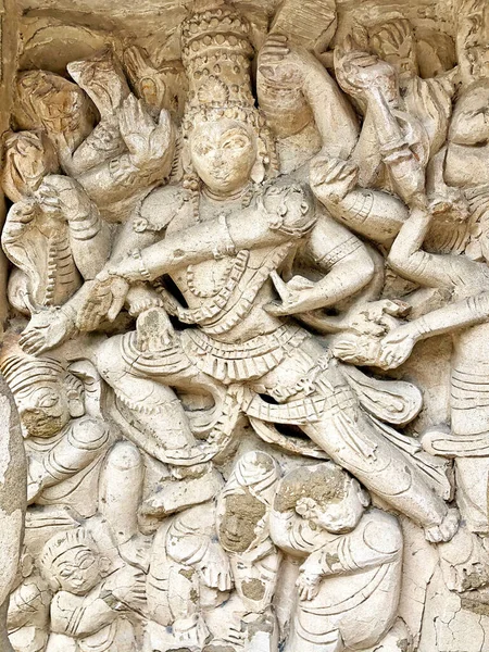 Socha Hinduistického Boha Starověký Pískovec Vytesaný Chrámových Zdech Historickými Sochami — Stock fotografie