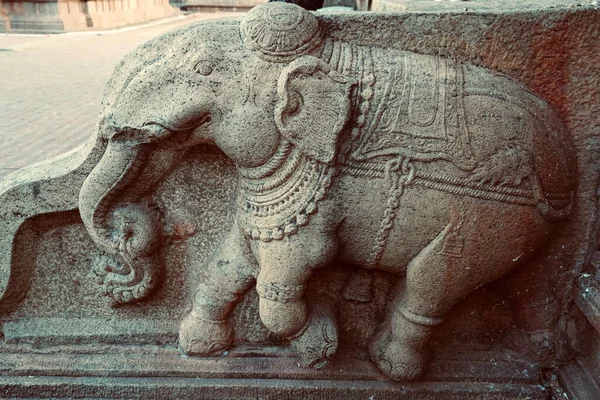 Elefantenskulptur Den Steinmauern Des Antiken Brihadeeswarar Tempels Thanjavur Tamilnadu Indische Stockfoto
