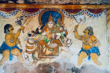 Thanjavur, Tamilnadu 'daki antik Brihadeeswarar tapınağında Fresco / duvar resimleri. Thanjavur 'daki tarihi tapınak kompleksindeki eşsiz tablolar..